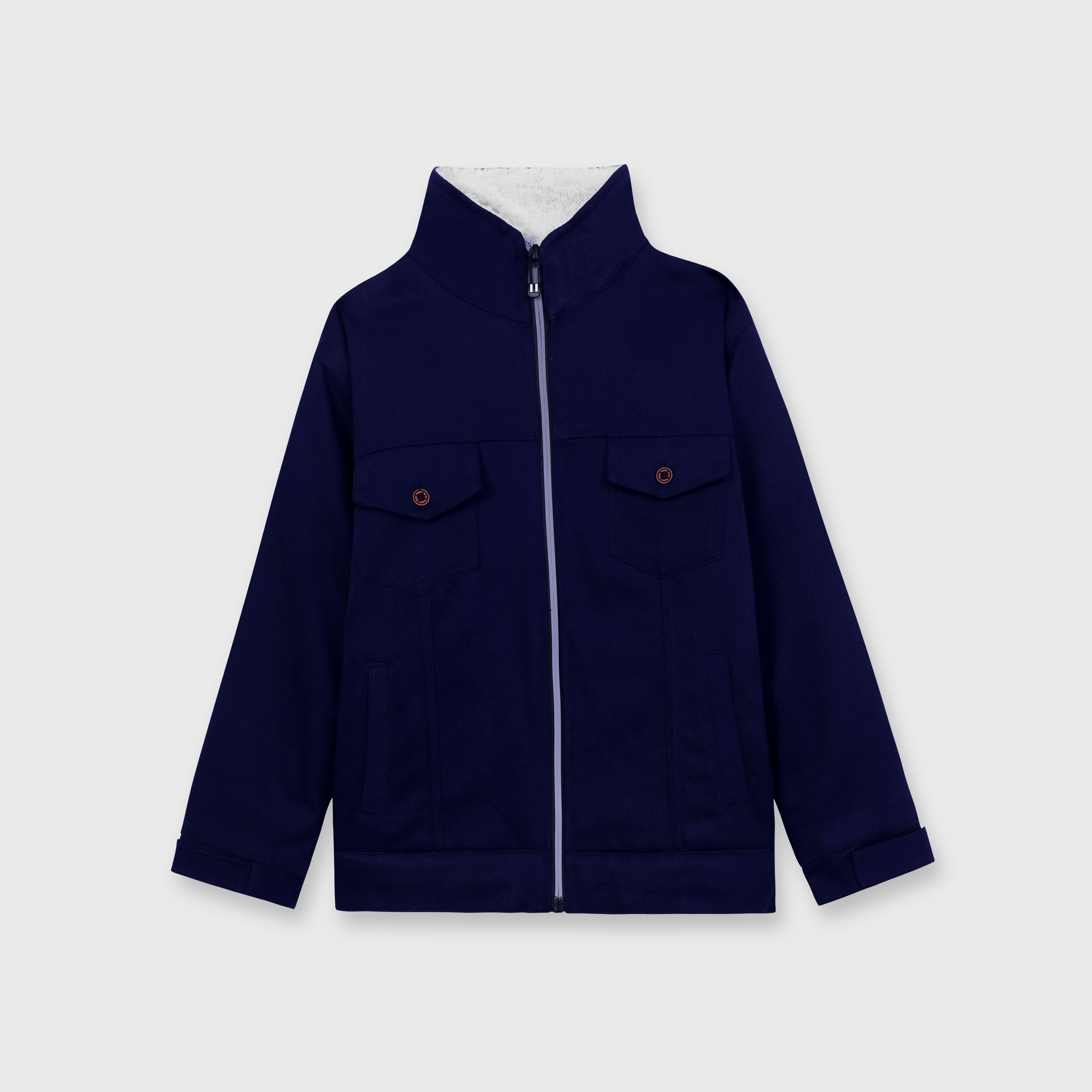 Navy Cotton Twill With Fur Jacket