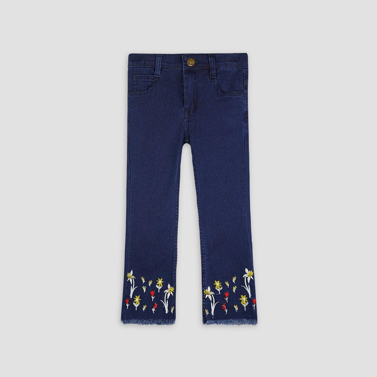 Dark Blue Florals On Bottom Denim Jeans