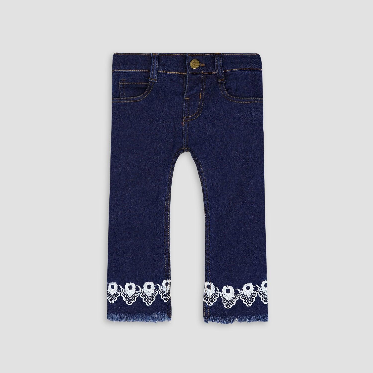 Dark Blue White Florals On Bottom Denim Jeans