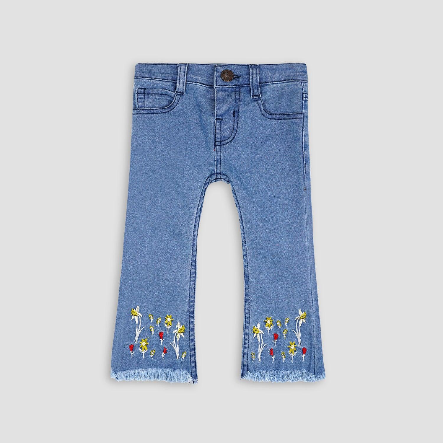 Light Blue Florals On Bottom Denim Jeans For Girls