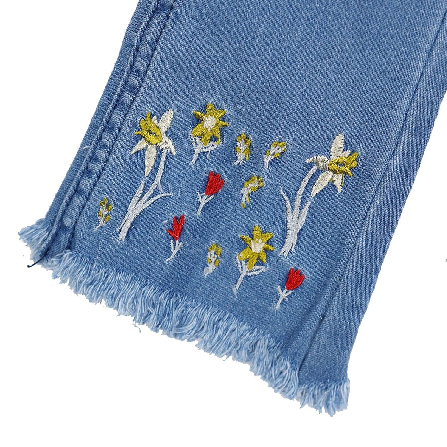 Light Blue Florals On Bottom Denim Jeans For Girls