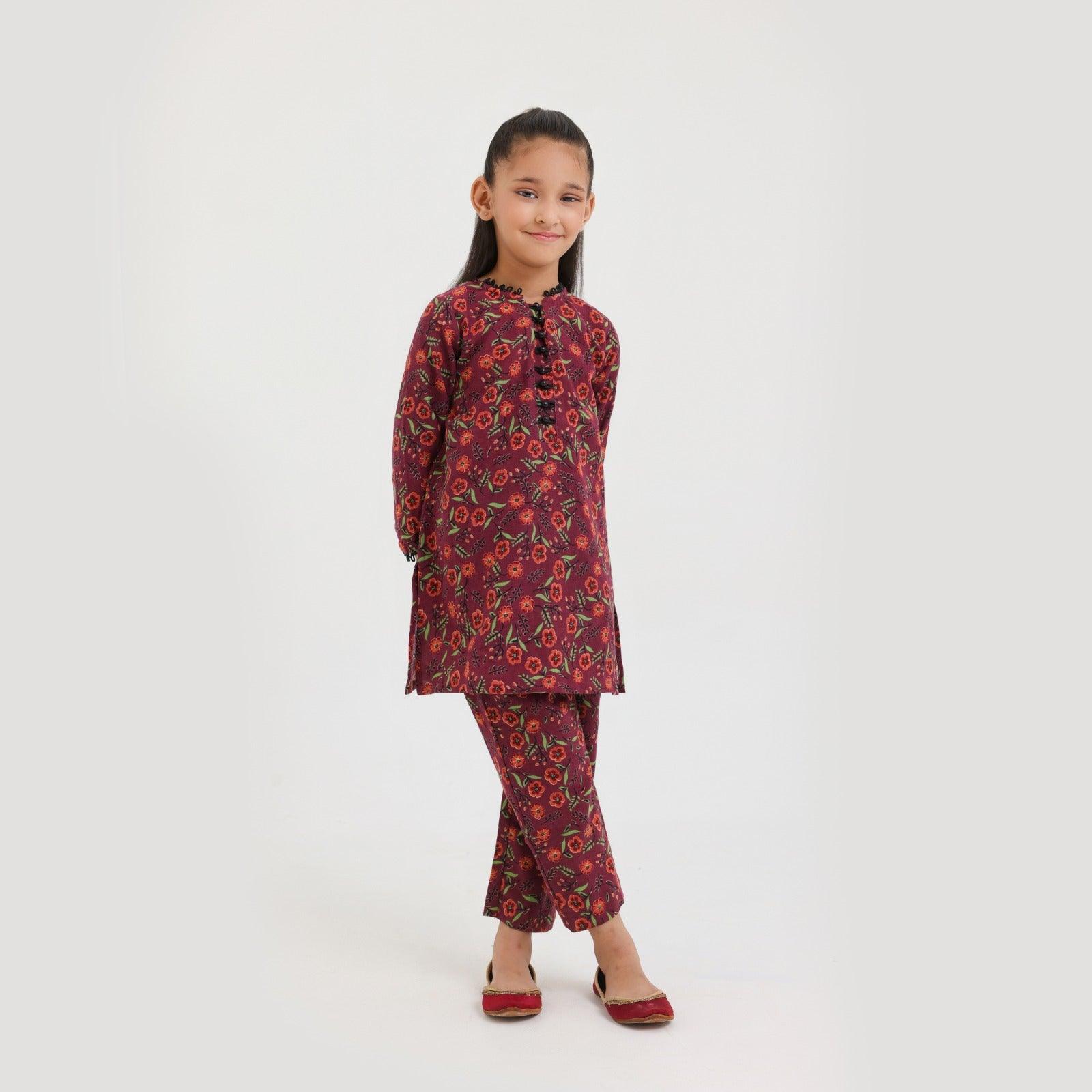 Littles Premium Quality Khaddar Maroon Self Printed 2 Pc Suit LTS-3