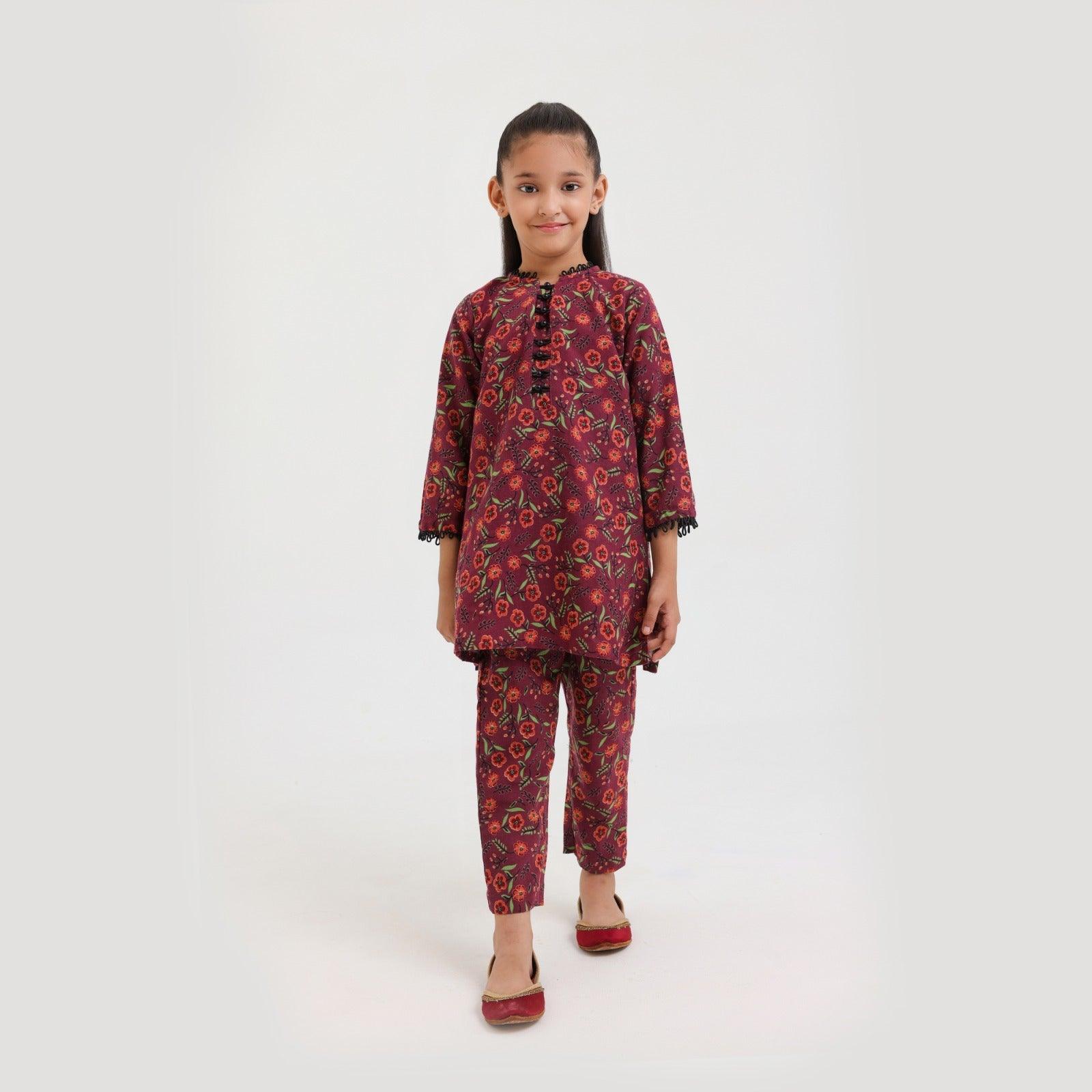 Littles Premium Quality Khaddar Maroon Self Printed 2 Pc Suit LTS-3