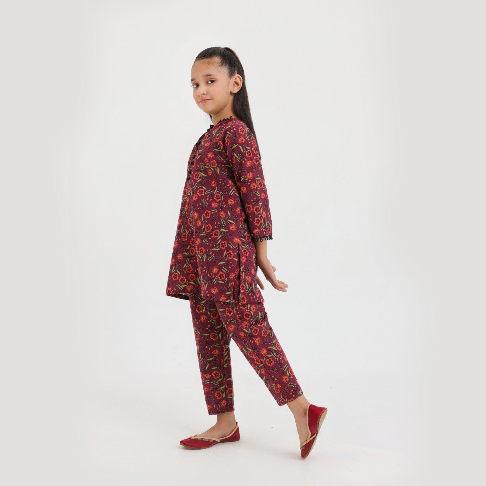 Littles Premium Quality Khaddar Maroon Self Printed 2 Pc Suit LTS-3